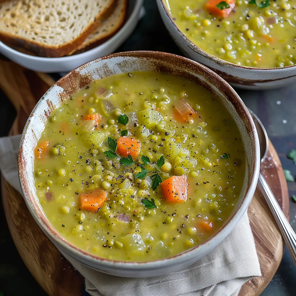 A bowl of soup with carrots and peas.