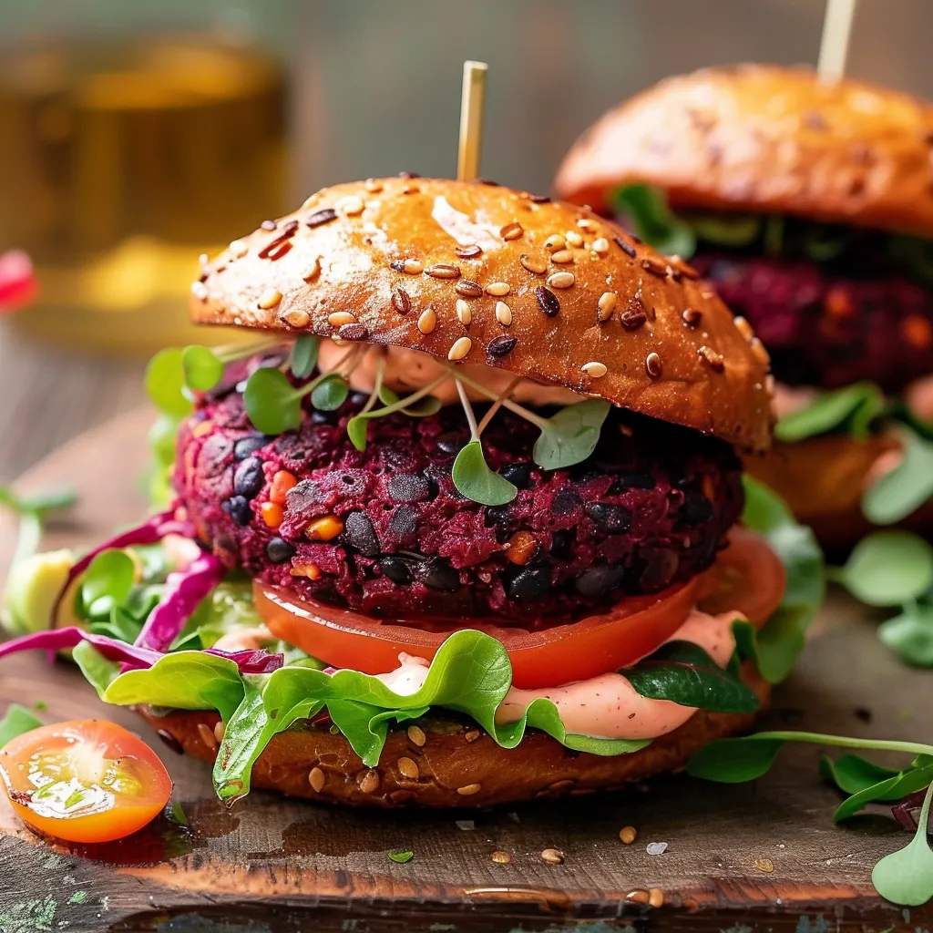 Two burgers with lettuce and tomato on a wooden table.
