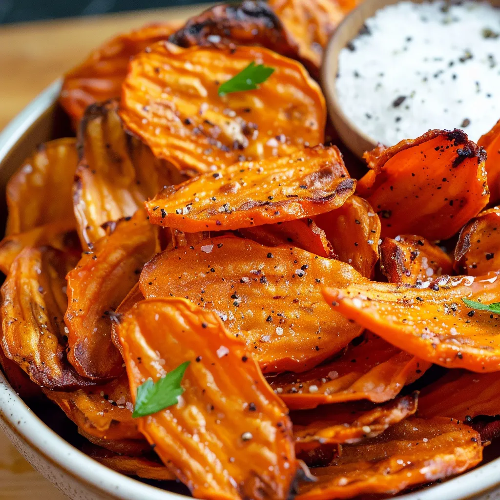 A bowl full of thin, seasoned carrot slices with some salt sprinkled on top.