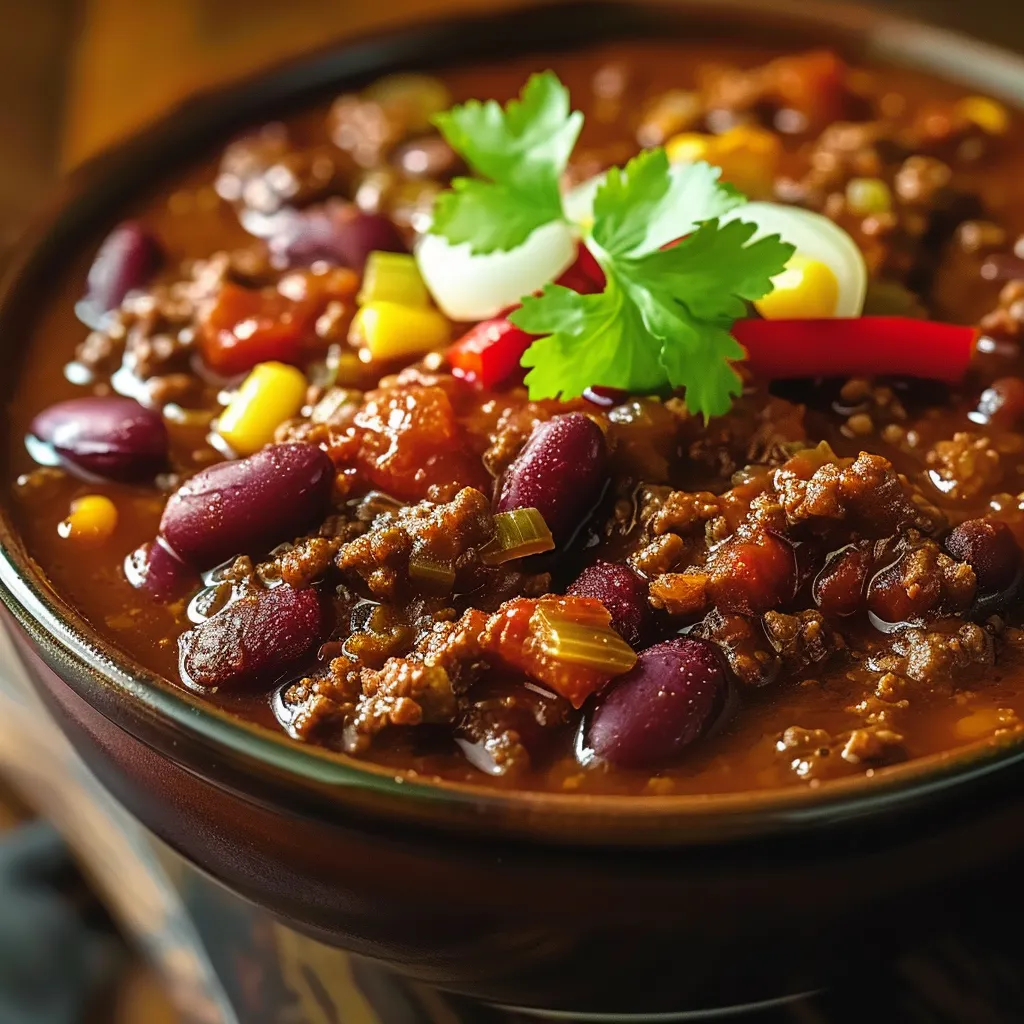 A hearty bowl of chili with a fresh, vibrant green pepper garnish.