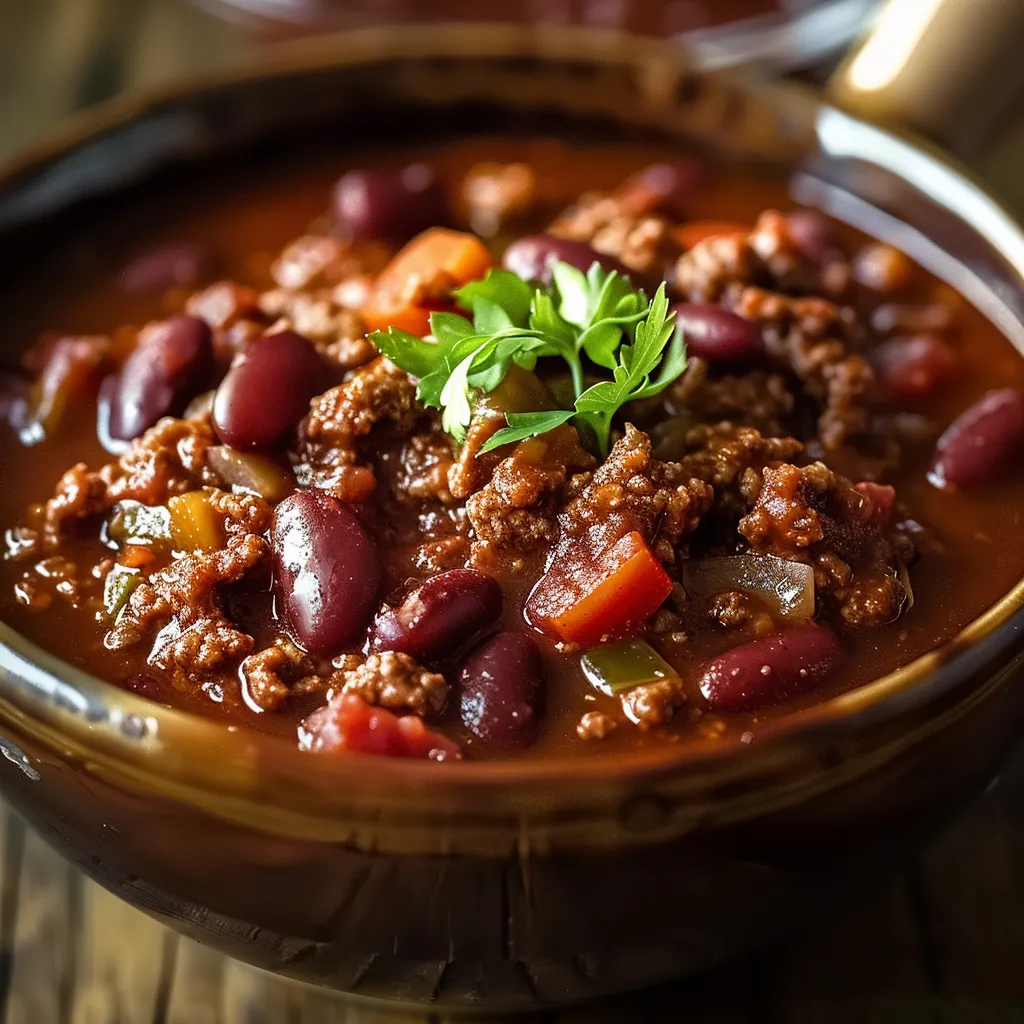 A bowl of chili with a green bean and a carrot on top.