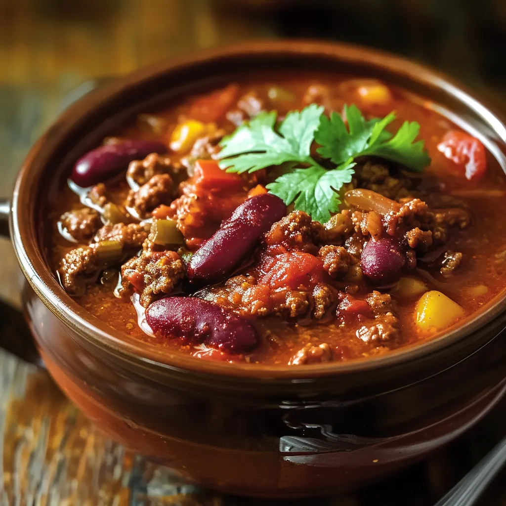 A bowl of chili with a green leaf on top.