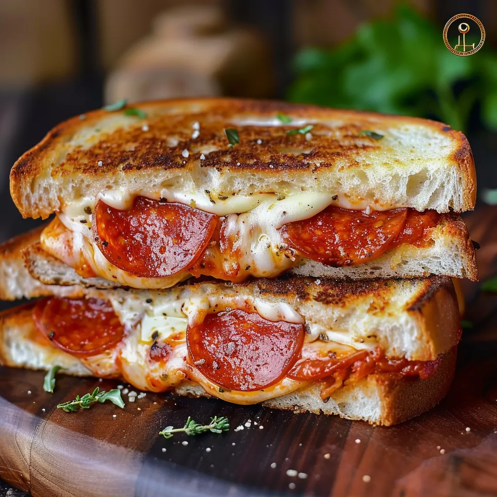 Two gooey slices of crispy bread stuffed with cheese and pepperoni.