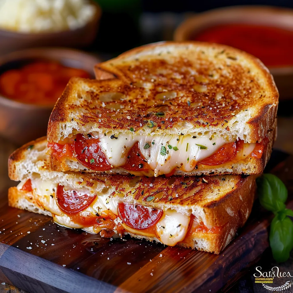 A sandwich with cheese and pepperoni on a wooden cutting board.