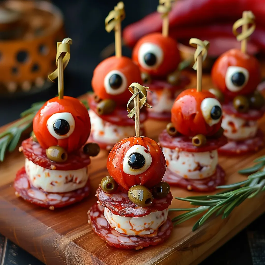A tray featuring mozzarella eyeball snacks with olives and red pepper.