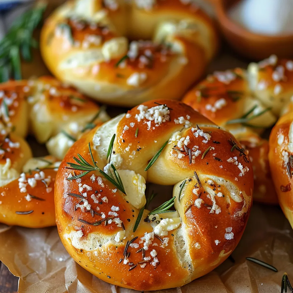 A dish of hot pretzels topped with cheese and rosemary.