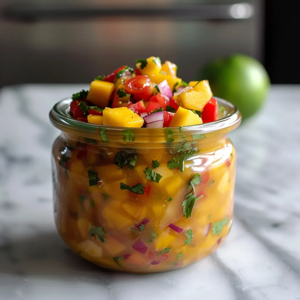 A jar of fruit sits on a counter.