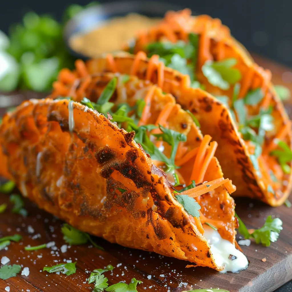 Two orange tacos with carrots and sour cream on a wooden table.