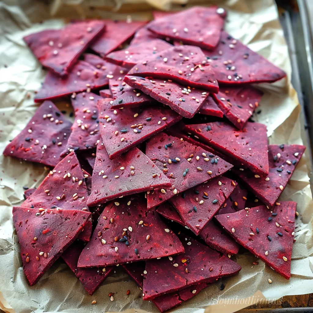 A pile of red chips with black seeds on them.