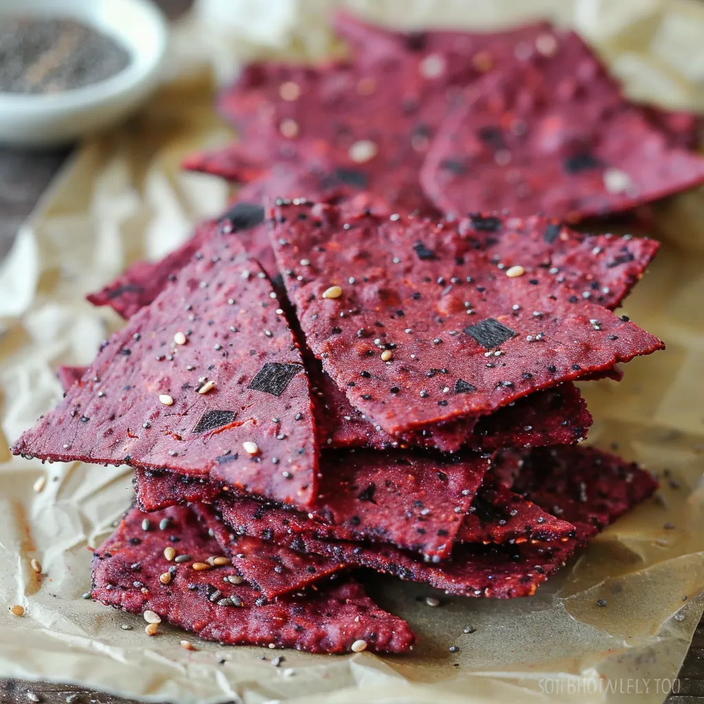 A stack of red chips with black seeds on them.