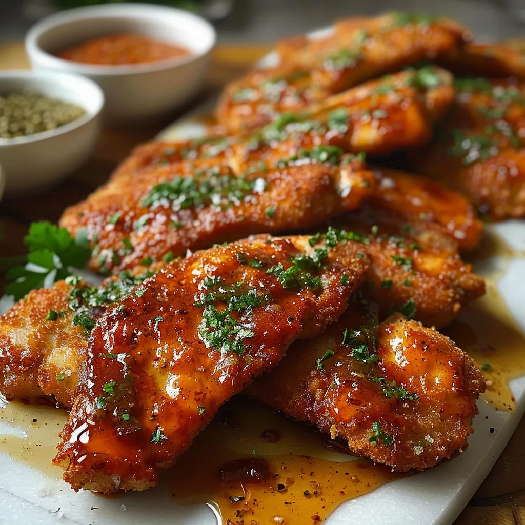 Plate of crispy chicken drizzled with honey sauce.