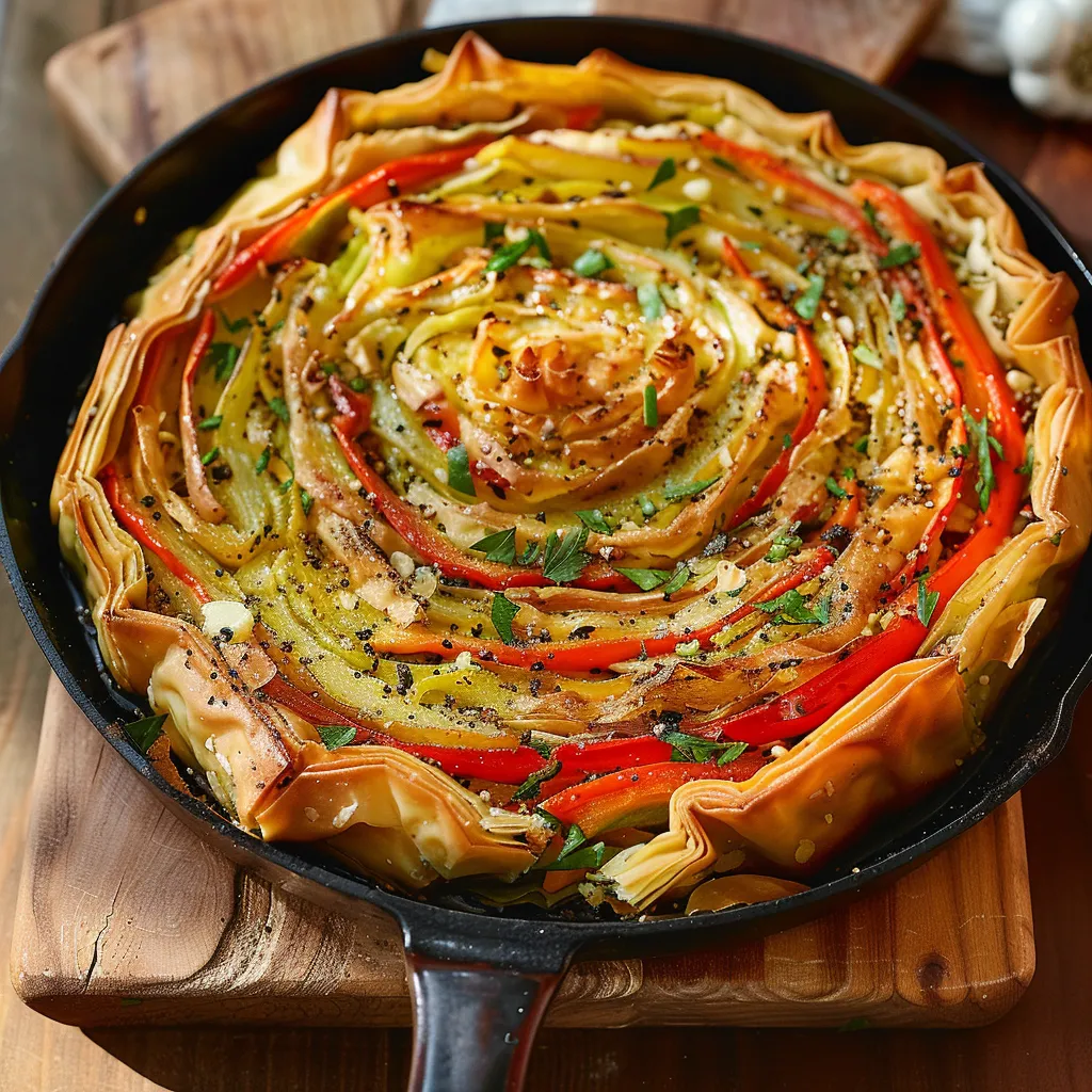 A baking dish filled with colorful, layered ingredients with a fork resting inside.