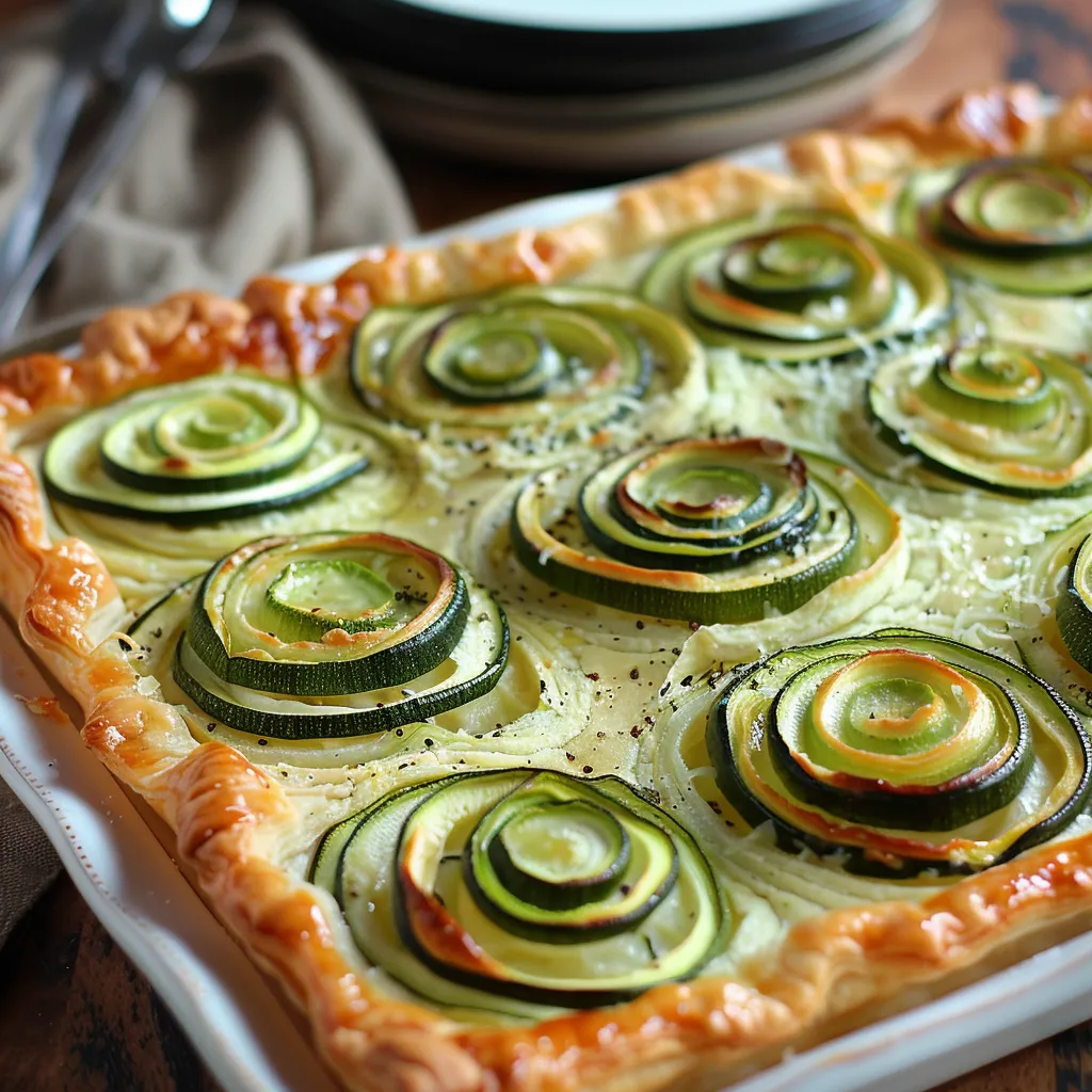 A dish with flaky pastry and zucchini garnish.