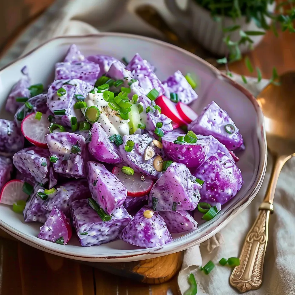 A bowl of food with purple and green vegetables.
