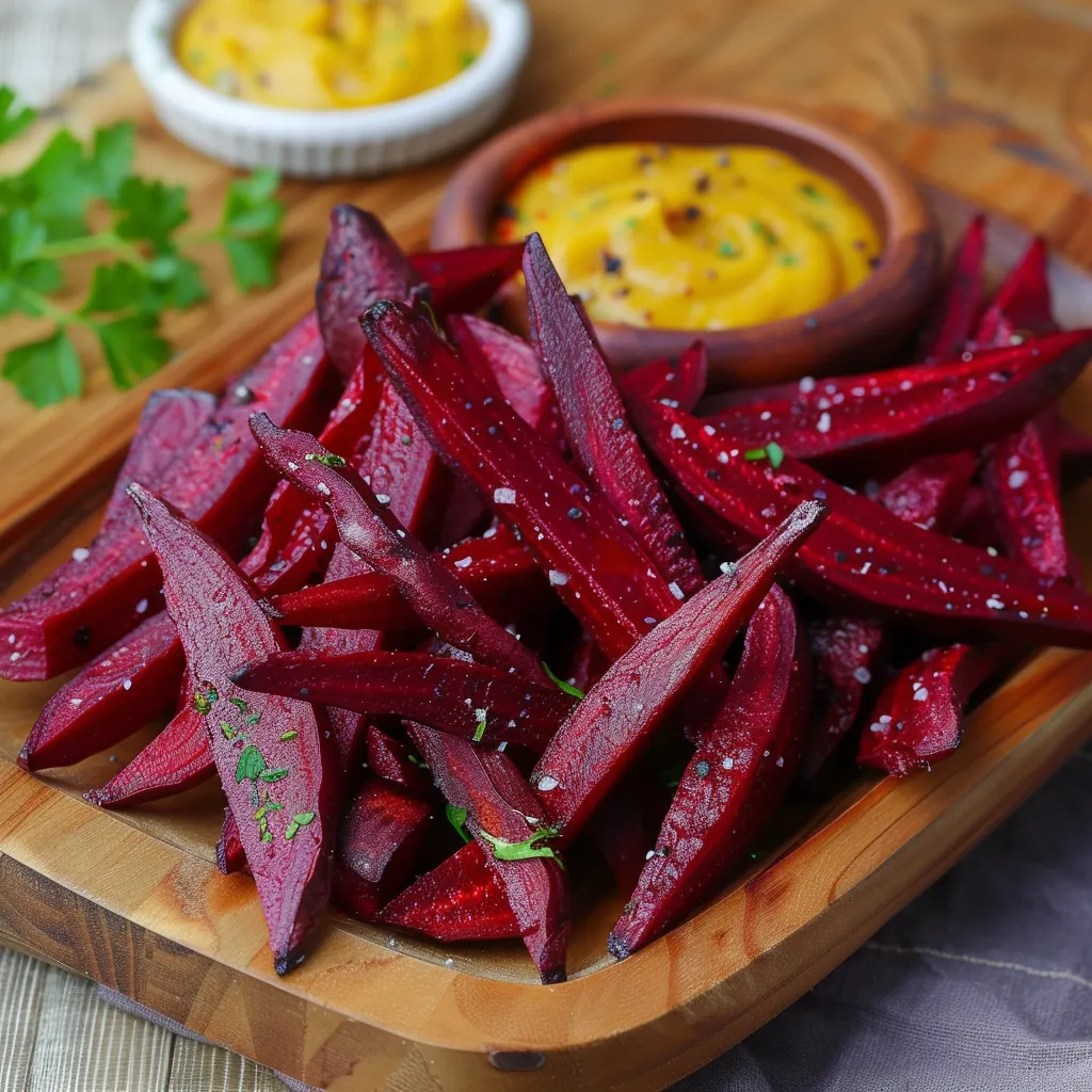 A wooden cutting board with a bowl of dip and a plate of beets.