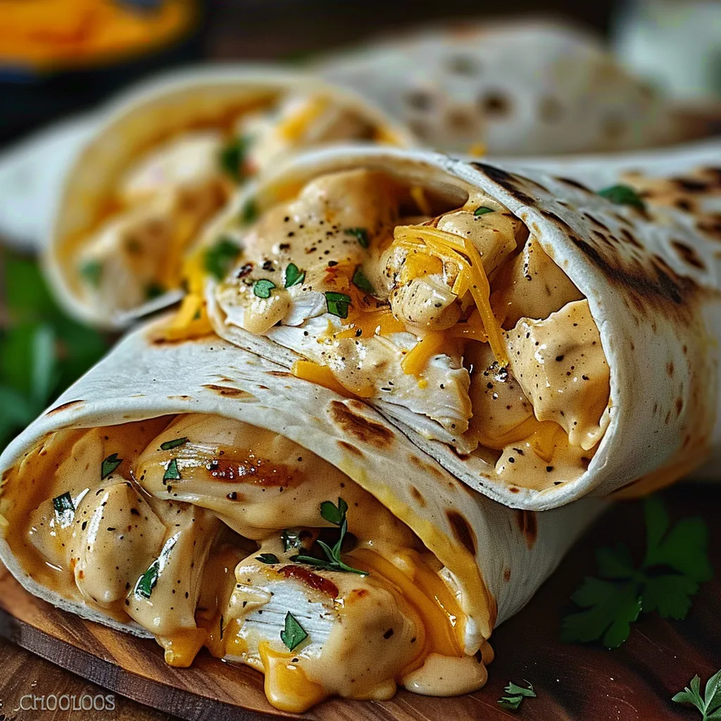 A chicken burrito with cheese and sauce.