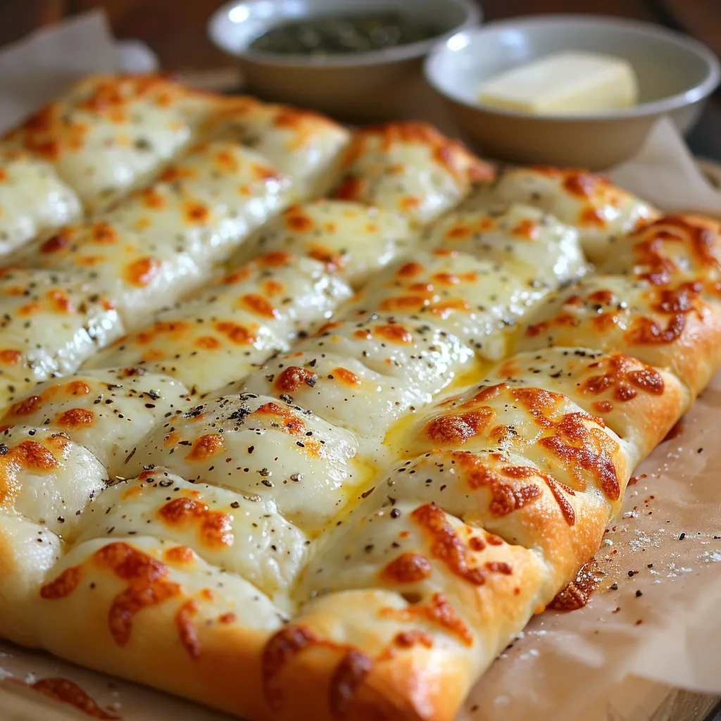 A cheesy golden bread on a napkin.