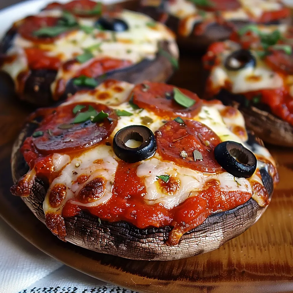 A cheesy mushroom pizza with olives and pepperoni on a table.