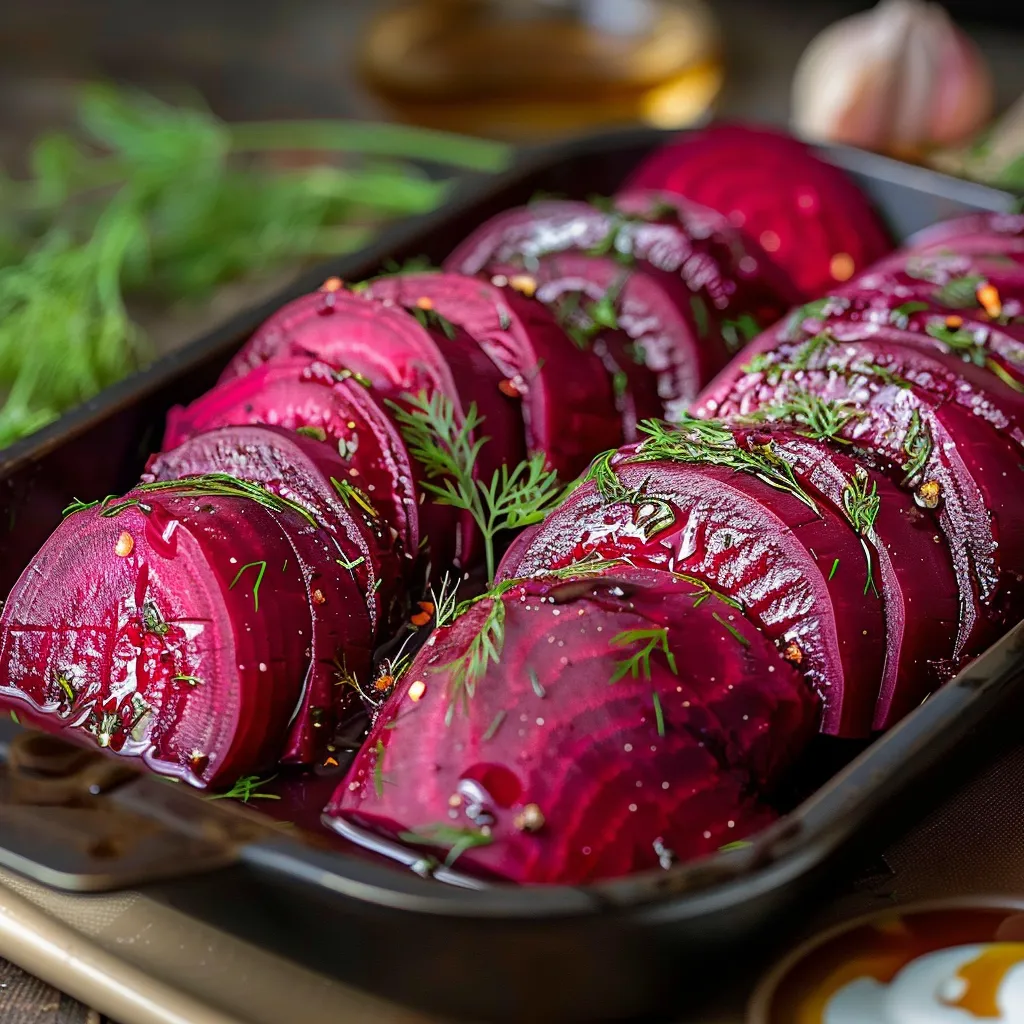 A pan of beets with herbs on top.