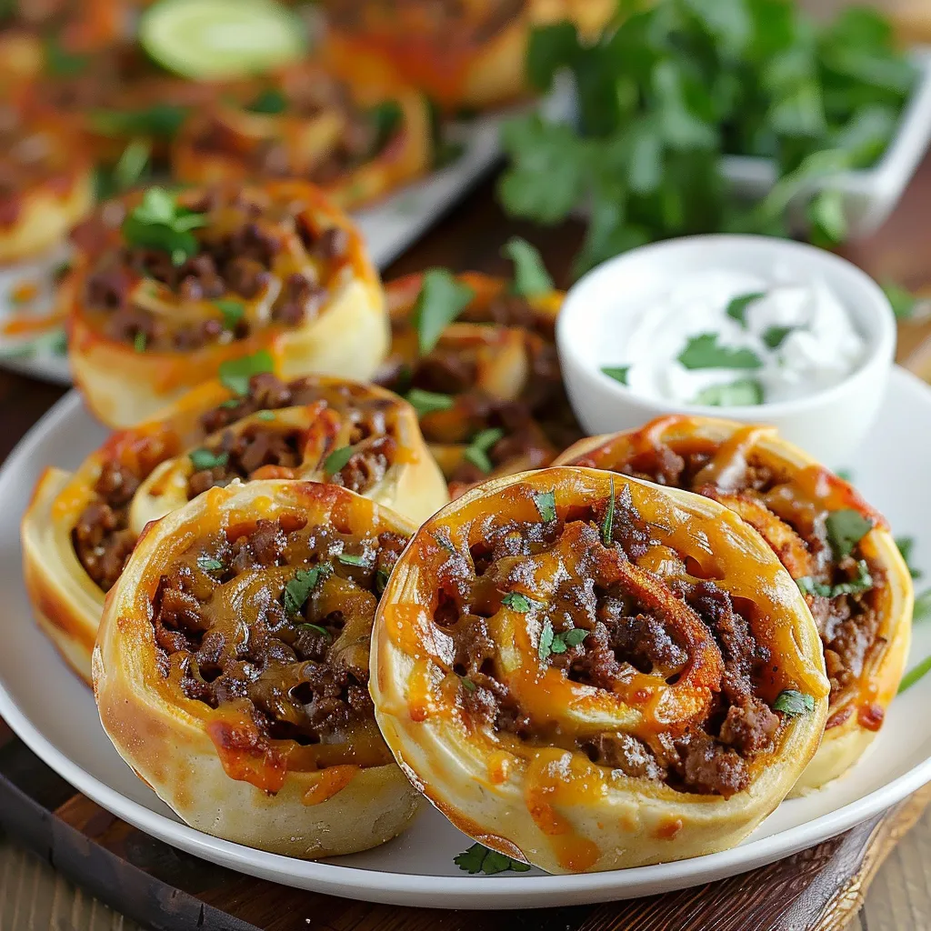 Pastries stuffed with cheese and beef on a dish.