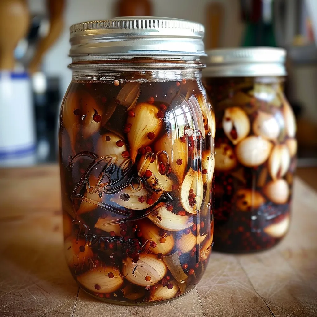 Two jars filled with pickled garlic.