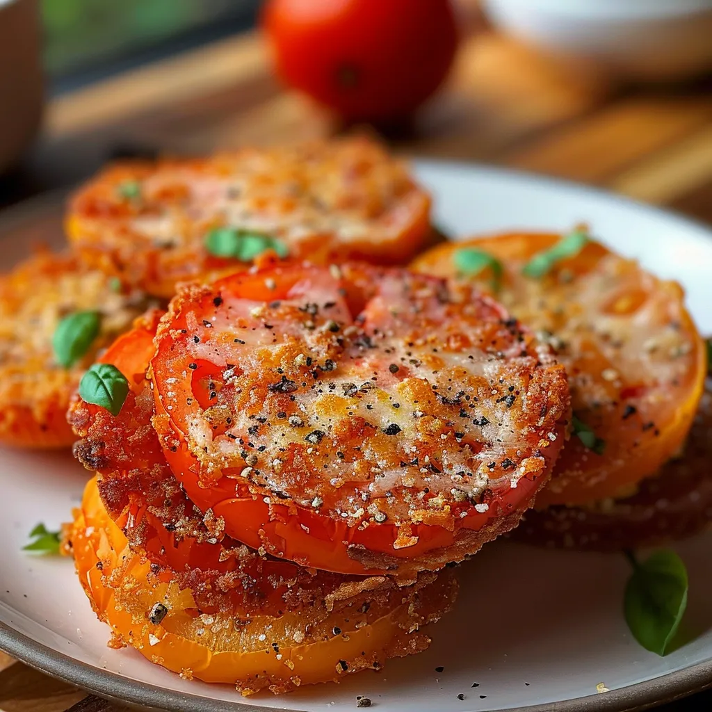 Crispy red tomatoes on a plate with melted cheese.