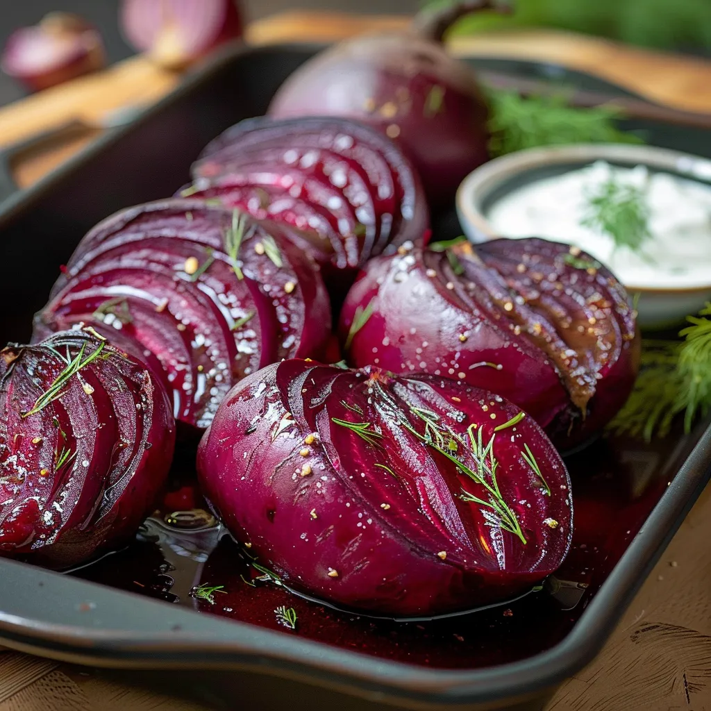 Sliced roasted beets drizzled with a creamy sauce.
