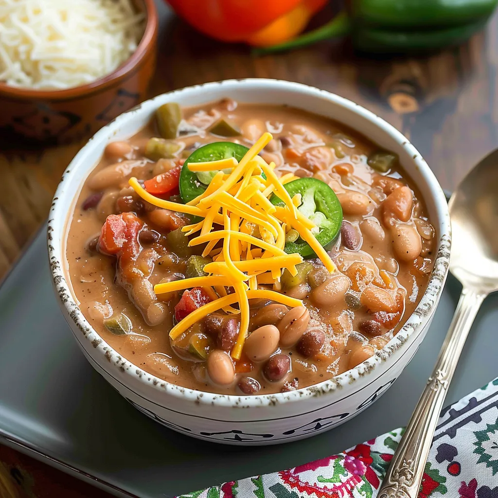 A warm bowl of beans topped with cheese and jalapeños.