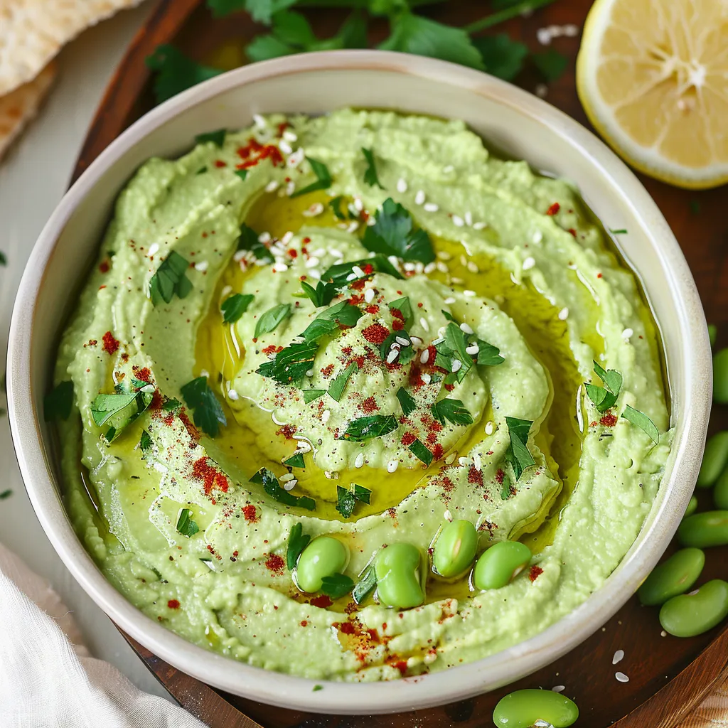 A bowl of hummus with lemon wedges.
