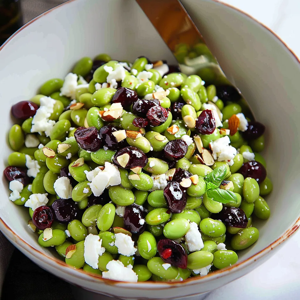 A bowl of food with green beans and red berries.