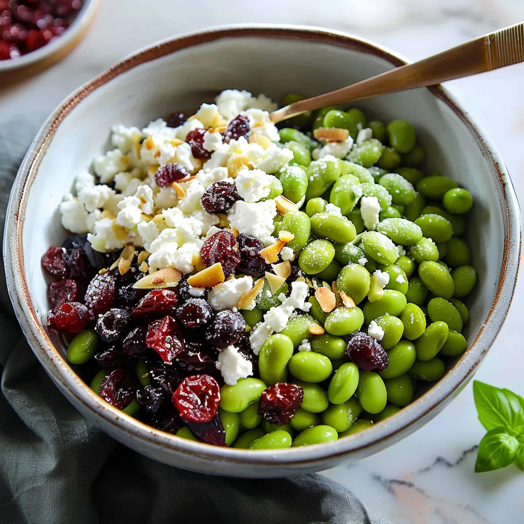 A bowl of food with green beans, red berries, and feta cheese.