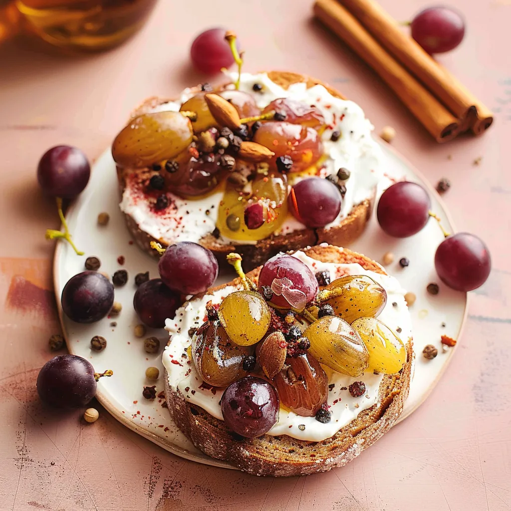 Two slices of bread with grapes and nuts on top.