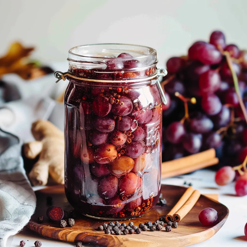 A jar of grapes with spices in it.