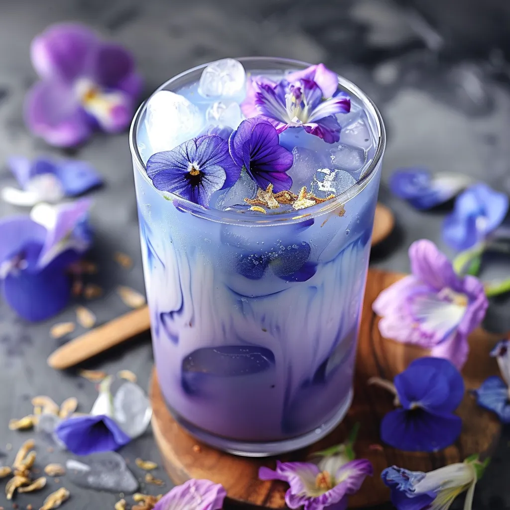 A clear glass of blue tea topped with edible purple flowers.