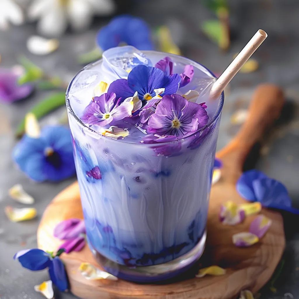 A glass of blue liquid with purple flowers in it.