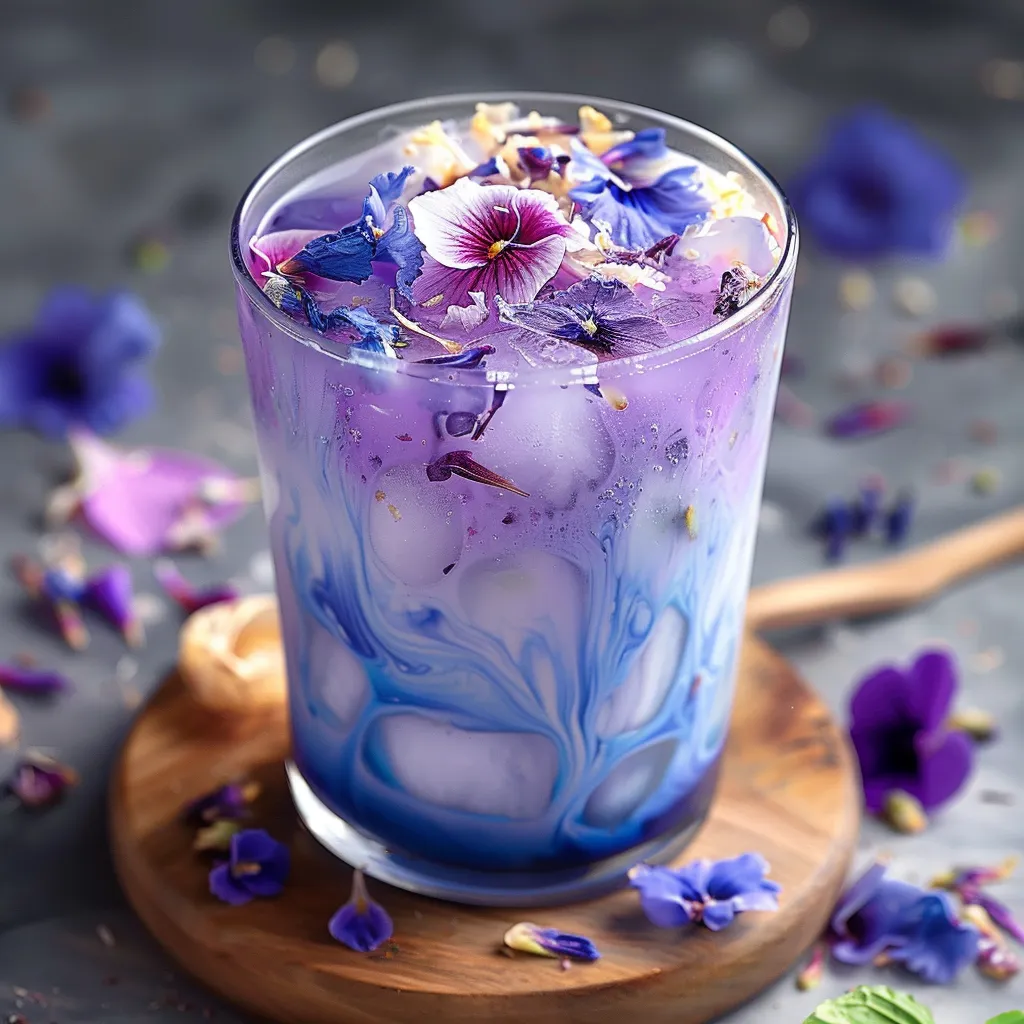 A glass of blue liquid with purple flowers in it.