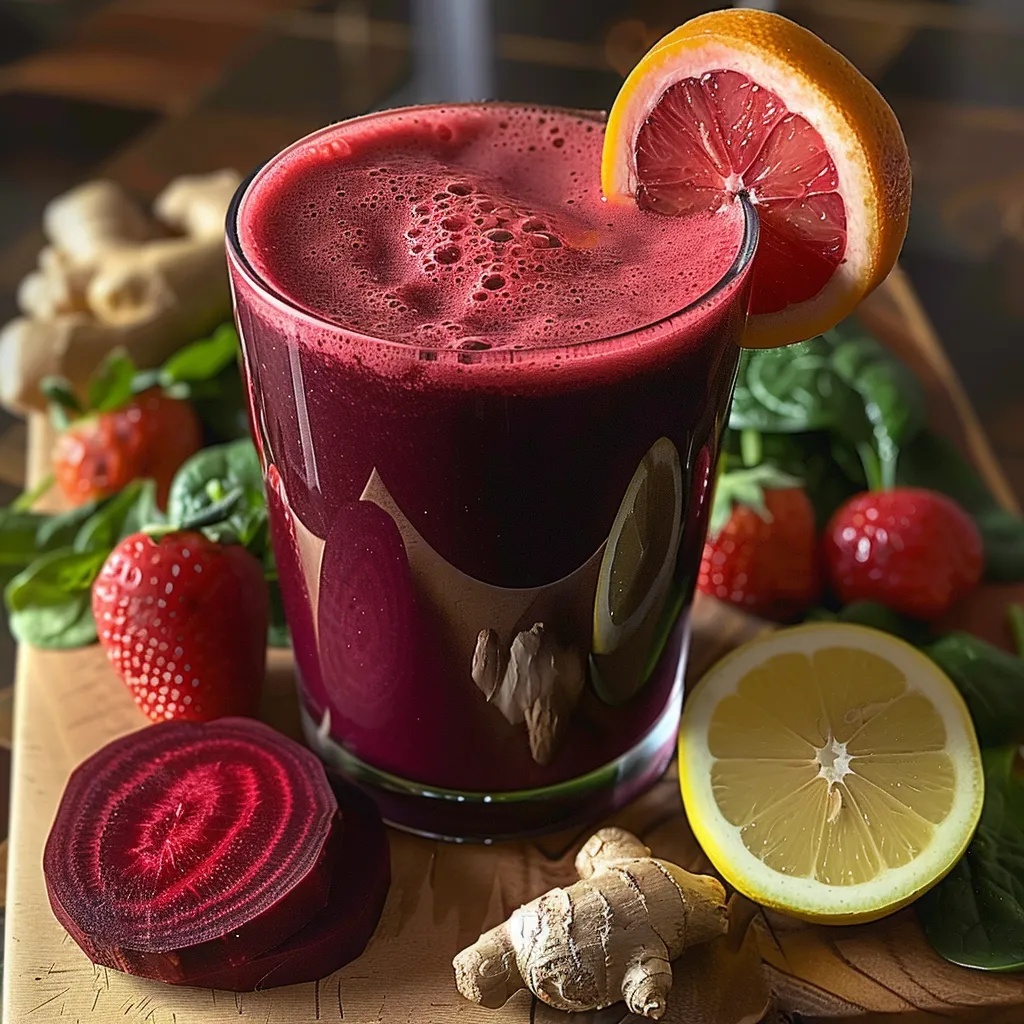 A glass of bright red juice with fresh lemon and ginger slices on top.