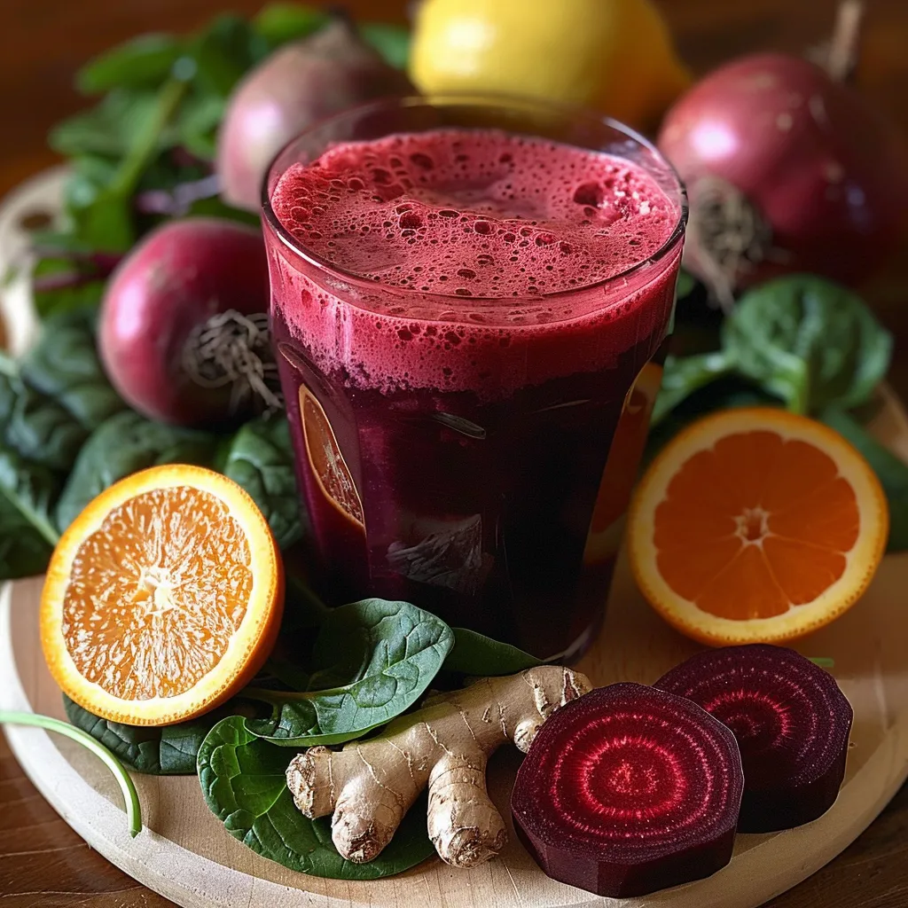 A glass of red juice with a slice of orange and a beet.