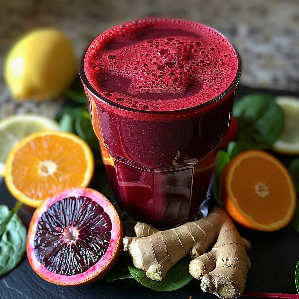 A glass of red juice with a lemon and orange slice.