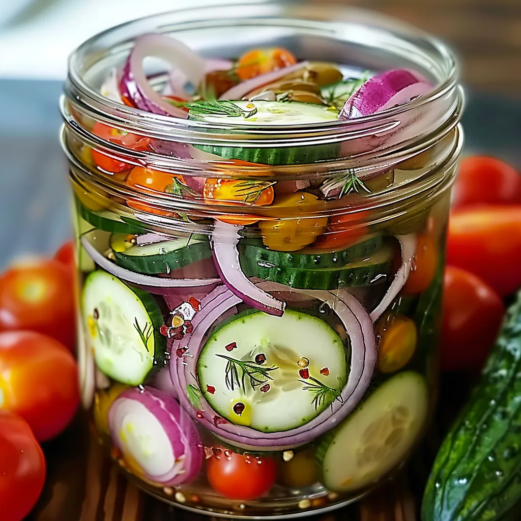 A jar filled with pickled tomatoes, cucumbers, and onions.
