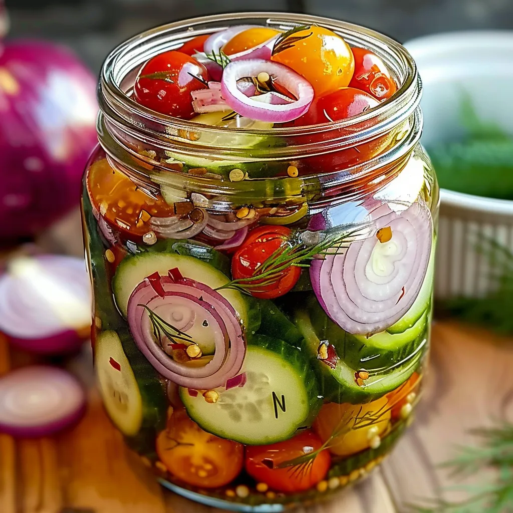 A jar of vegetables including cucumbers, onions, and tomatoes.