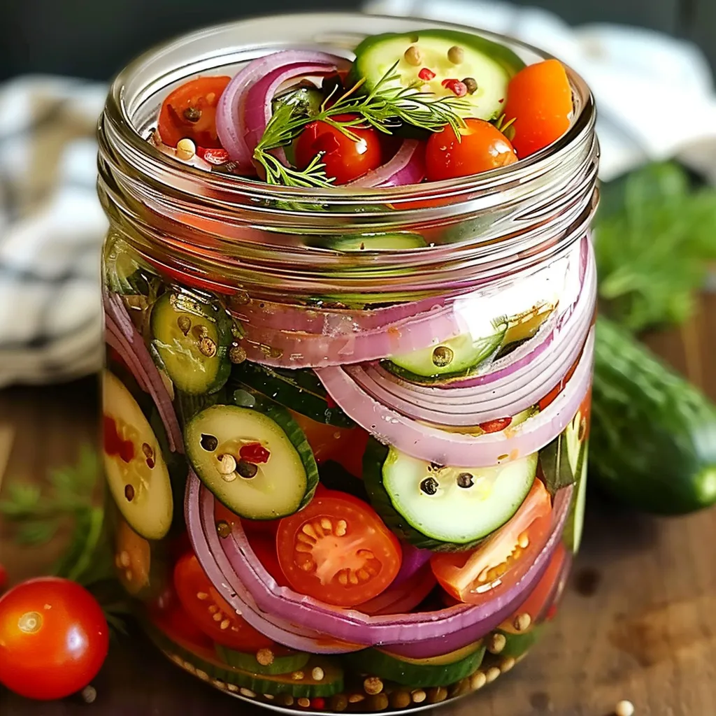 A jar of vegetables including cucumbers, onions, and tomatoes.