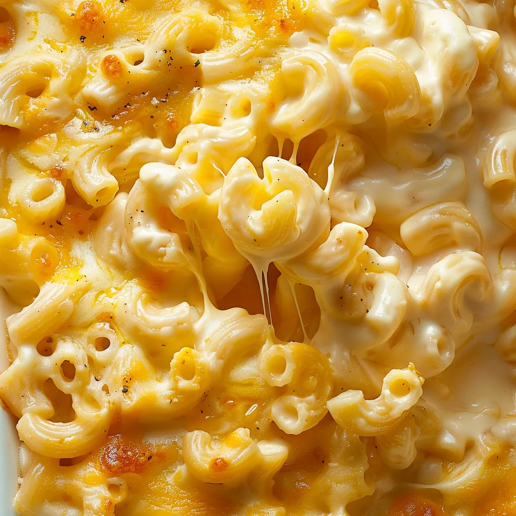 Close-up of baked cheesy macaroni.