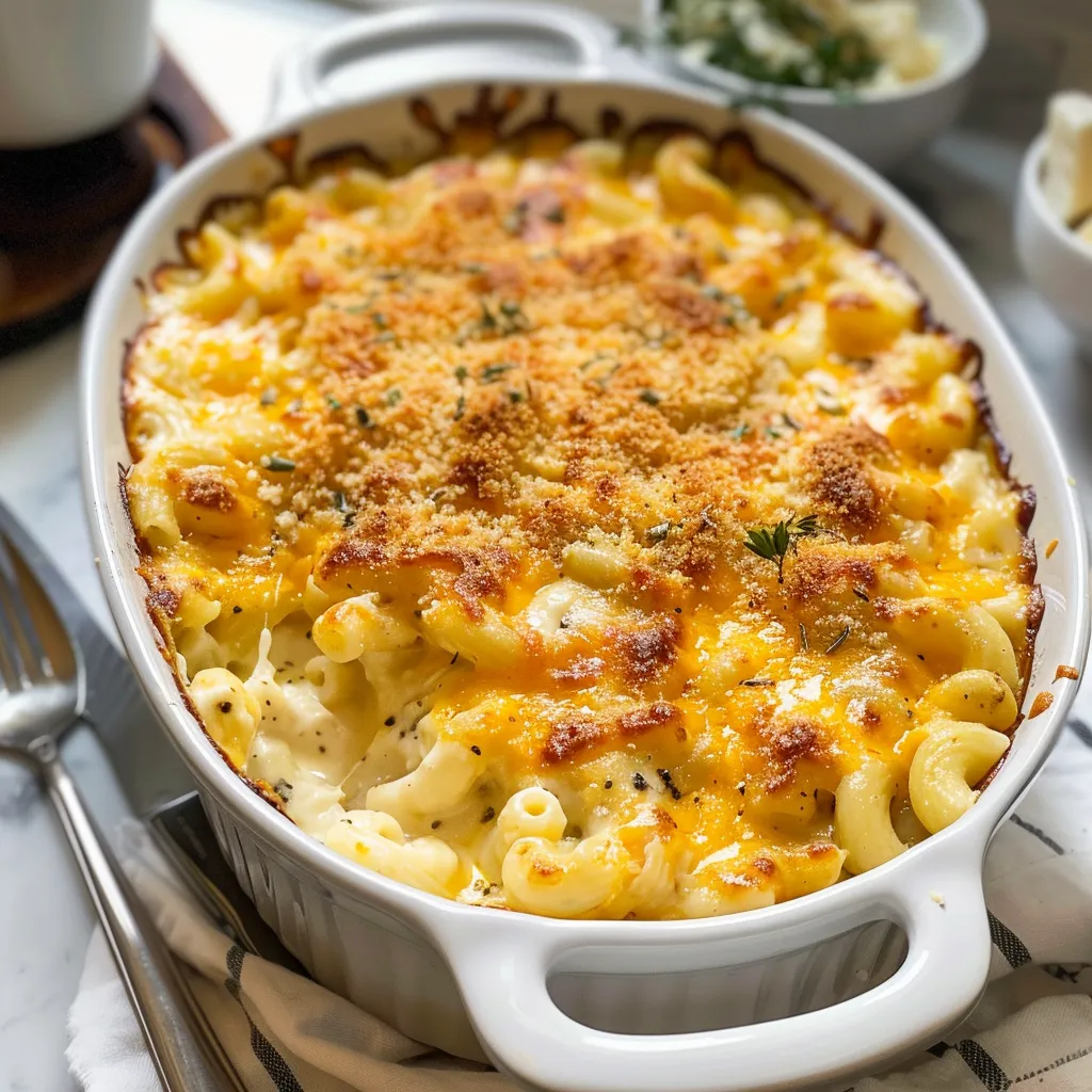 A white bowl filled with macaroni and cheese.
