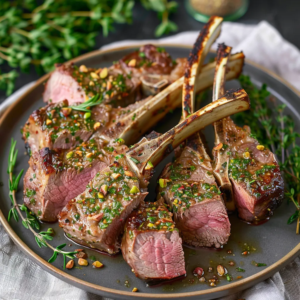 A plate of meat with herbs on it.