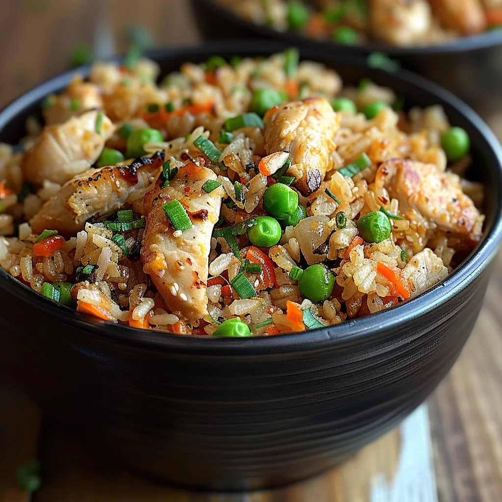 A bowl of rice with chicken and peas.
