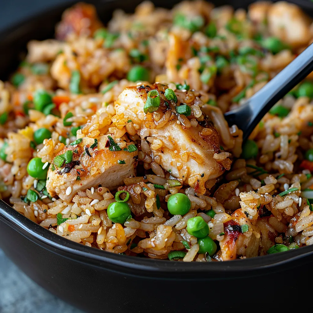 Chicken, rice, and peas in a bowl.