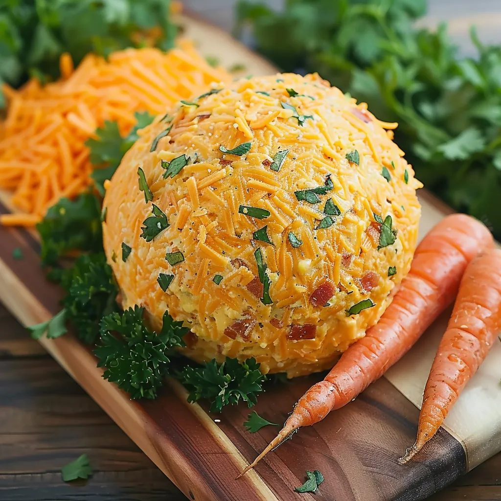 A fun carrot-shaped cheese ball on a board.