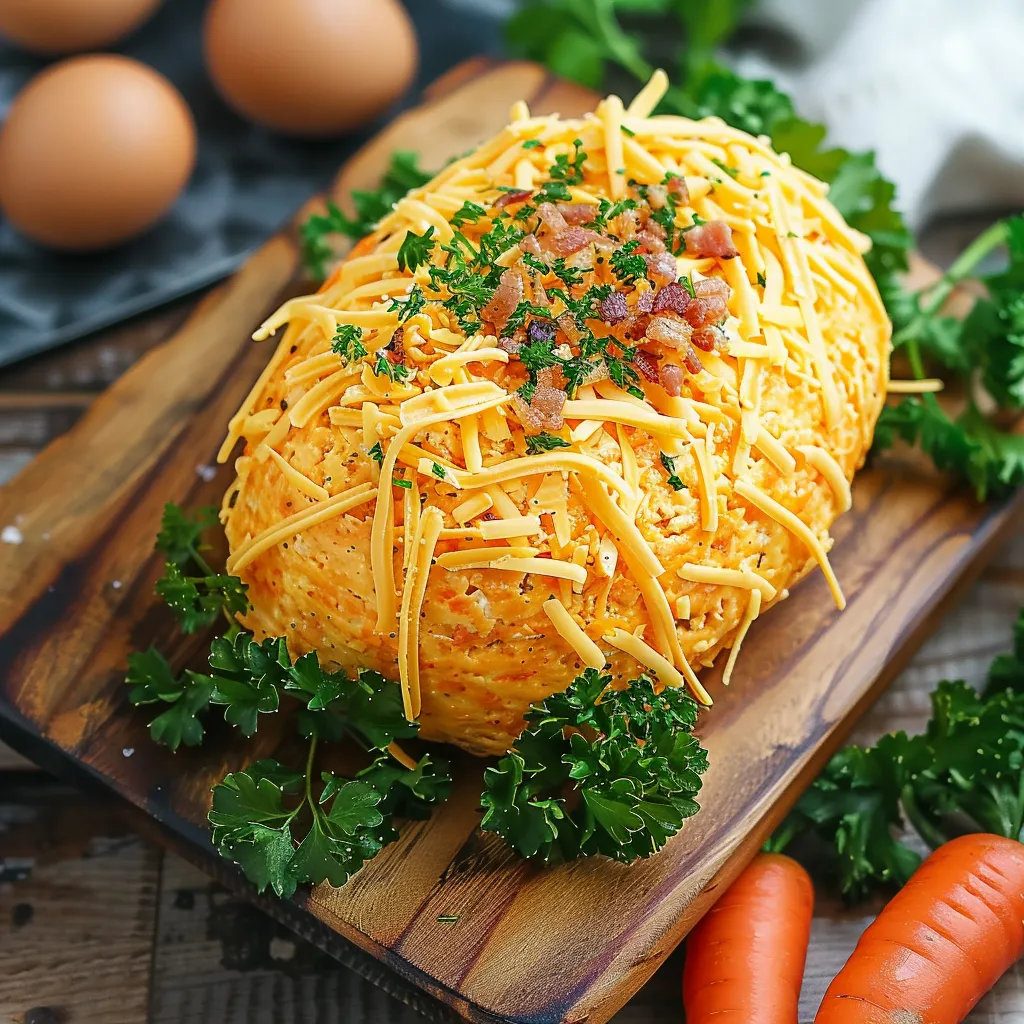 A cheese and bacon covered dish on a wooden board.