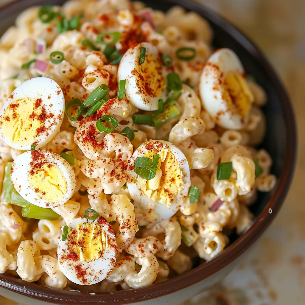 A bowl of pasta with eggs and dressing.